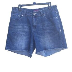 Karma Shorts Womens 14 Blue Jean Dark Wash Whiskering Bling Pockets Raw Hem
